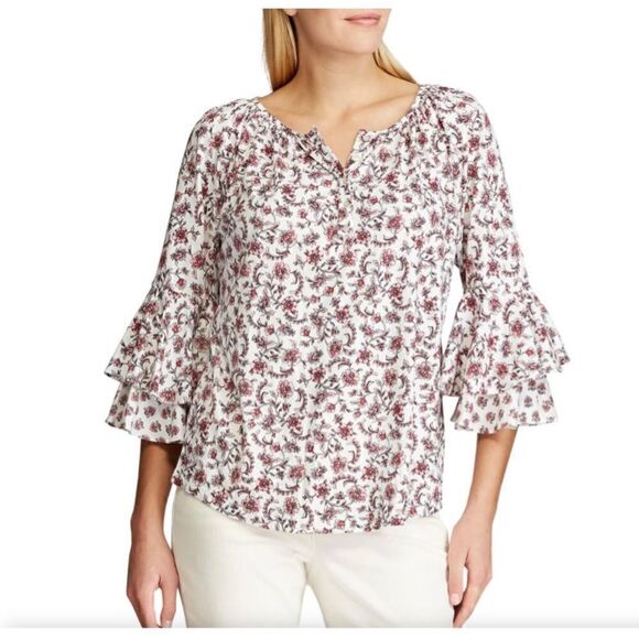 Woman’s Chaps SZ S/P/CH Pink/White Floral Print Blouse With Bell Sleeves - Picture 1 of 5